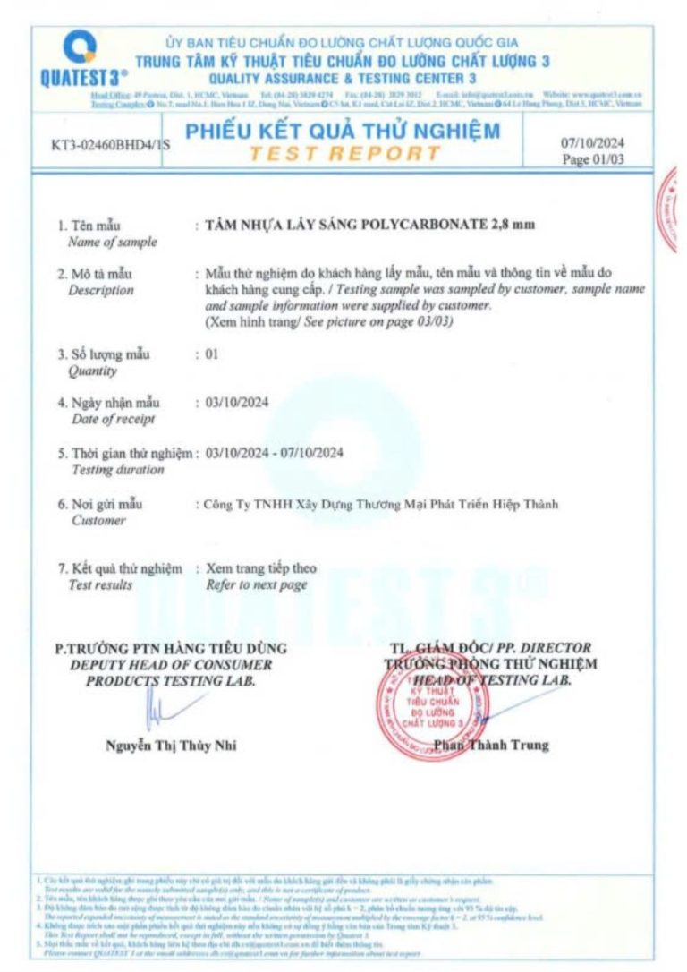 Chứng chỉ thử nghiệm tấm polycarbonate đặc 2,8mm tại Uỷ Ban Tiêu Chuẩn Đo Lường Chất Lượng Quốc Gia