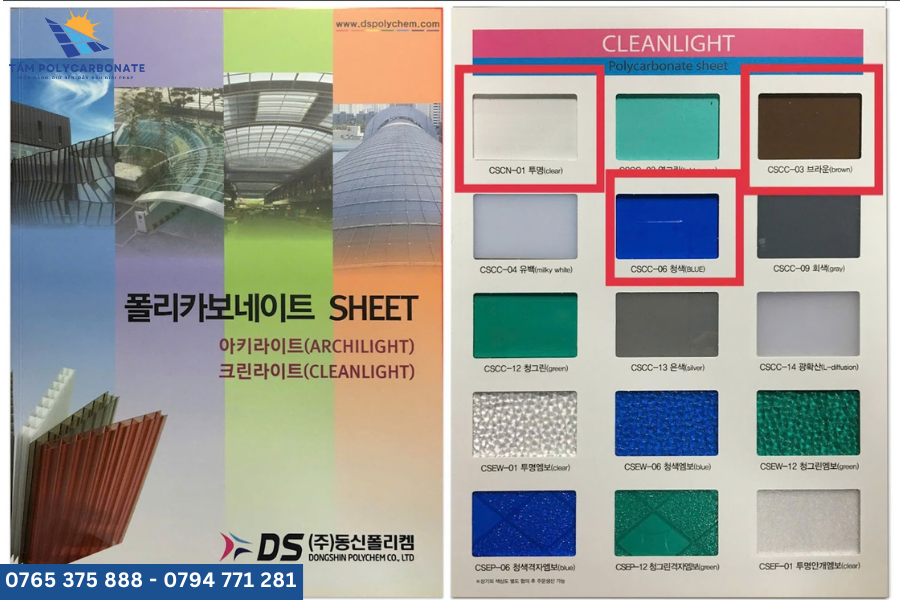 Bảng màu tấm lợp polycarbonate Hàn Quốc